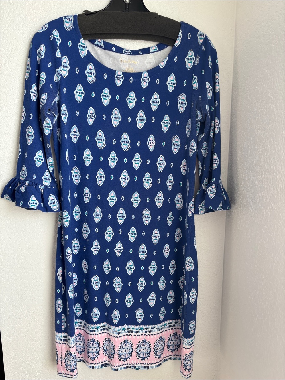 Lilly Pulitzer Navy Blue Printed 3/4 Ruffle-Sleeve Dress with Pink Border